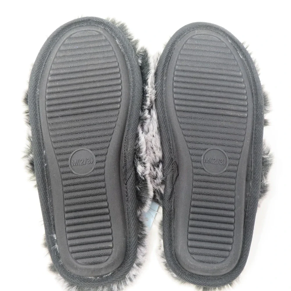 Cat & Jack Girls Faux‎ Fur Criss Cross Slippers Grey Black Medium 2/3 NEW